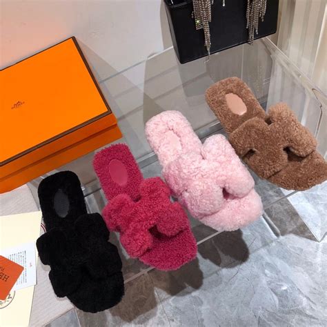 hermes furry slides|Hermes slides for women.